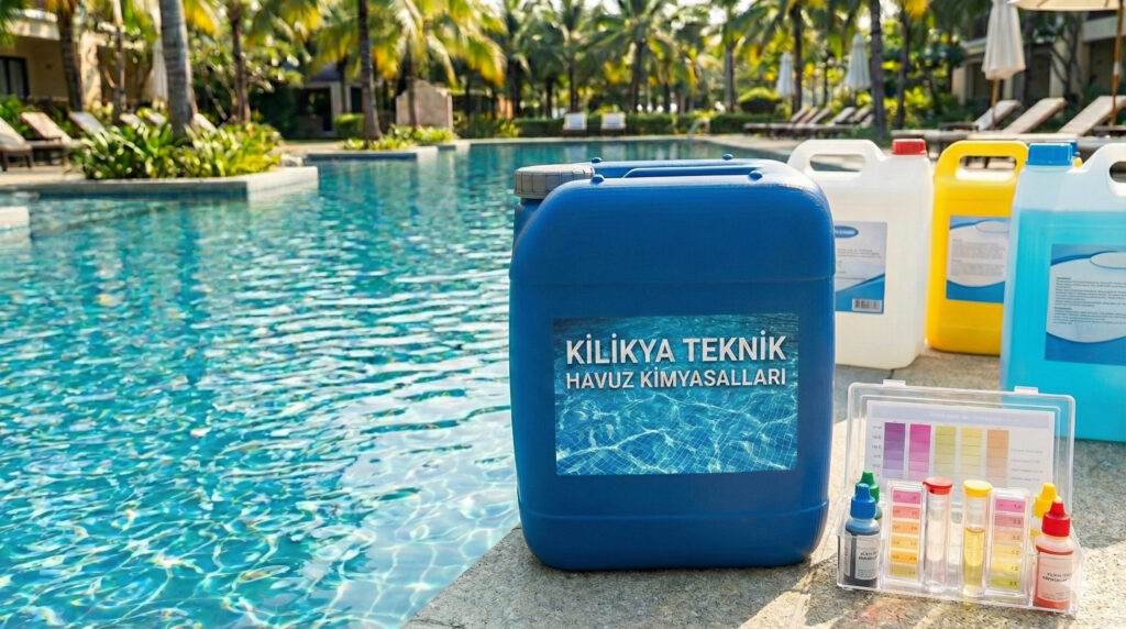 Kilikya Teknik Havuz kimyasal ürünleri ve test seti havuz kenarında