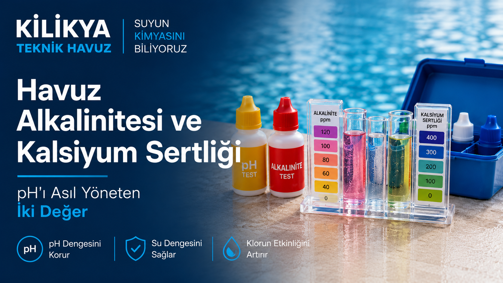 Havuz suyu test kiti, damlalıklı reaktifler ve renk skalası — alkalinite ve kalsiyum sertliği ölçümü