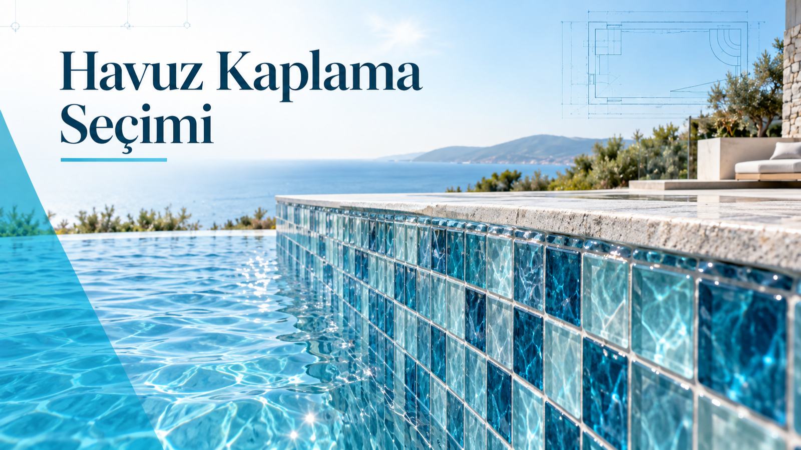 Cam mozaik kaplı havuzda su altı doku ve su çizgisi bandı yakın çekim