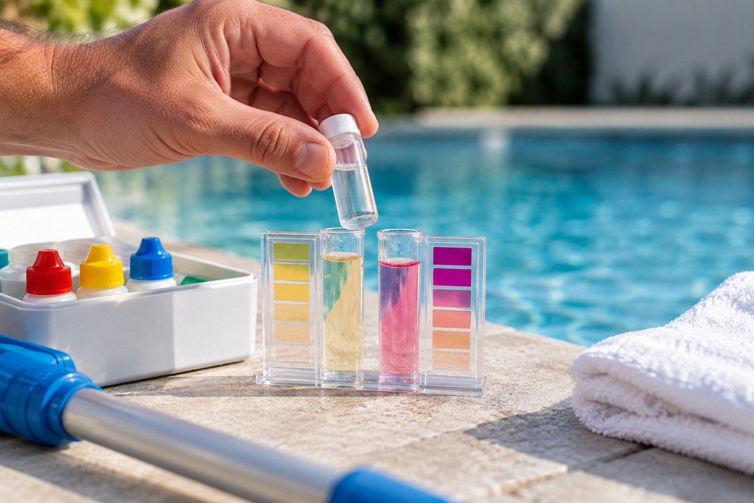 Havuz kenarında test tüpü ve renk skalası ile havuz suyu klor ve pH ölçümü yapan teknisyen