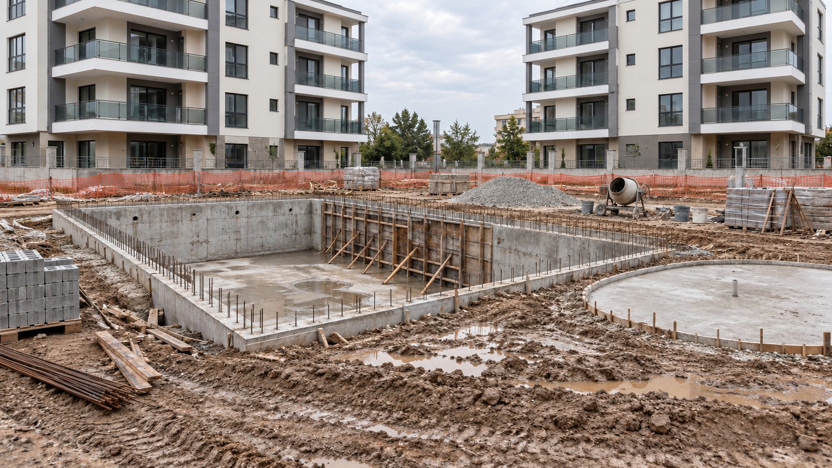 Site havuzu yapımı öncesi: betonarme havuz kabası ve şantiye alanı