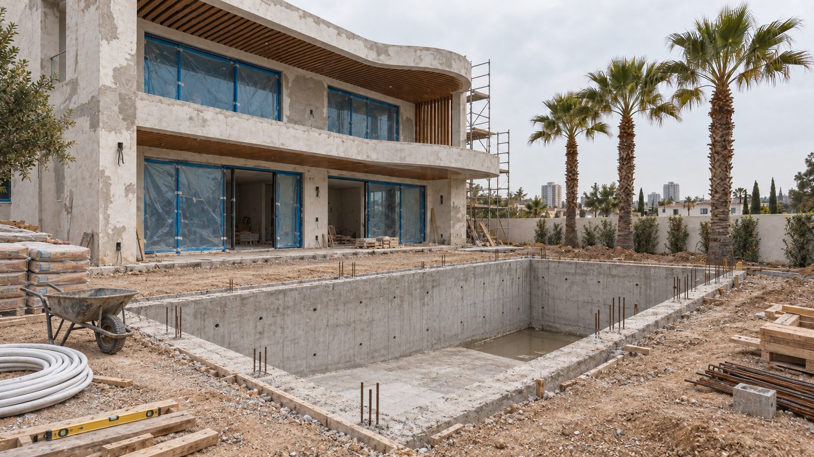 Villa havuzu yapımı öncesi: kaba inşaat hâlindeki bahçe ve havuz kazısı
