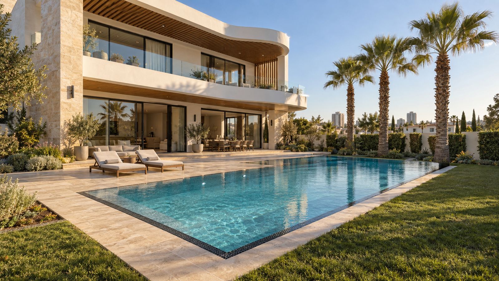 Villa havuzu yapımı sonrası: gizli taşmalı havuz, deck ve peyzaj tamamlanmış hâli
